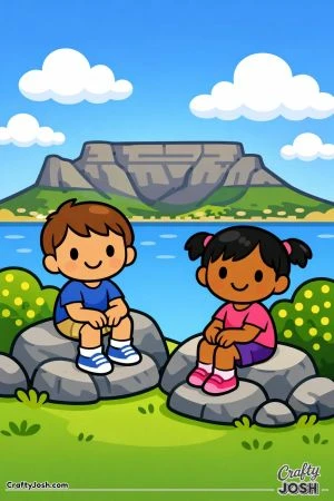 Two smiling children sit on large rocks in front of a flat-topped mountain with fluffy clouds and simple bushes around them
