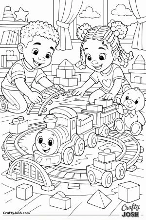 Kids playing with toy train set