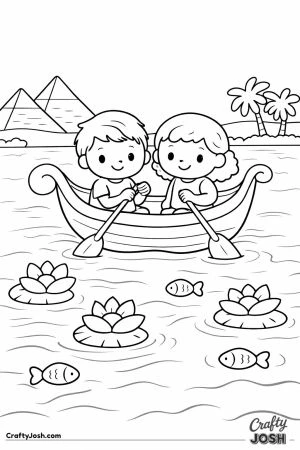 Two children sit in a small boat rowing along a calm river with lotus flowers and fish around them, with pyramids and palm trees in the background.