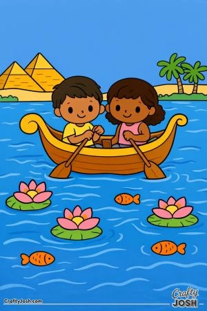 Two children sit in a small boat rowing along a calm river with lotus flowers and fish around them, with pyramids and palm trees in the background.