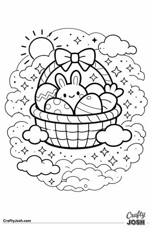 A smiling bunny sits inside a floating Easter basket filled with decorated eggs and a carrot, surrounded by clouds, a bright sun, and sparkles