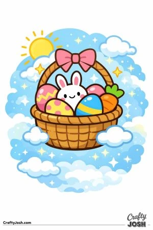 A smiling bunny sits inside a floating Easter basket filled with decorated eggs and a carrot, surrounded by clouds, a bright sun, and sparkles