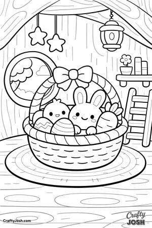 This black-and-white line art page shows a smiling bunny and chick sitting in an Easter basket filled with decorated eggs and a carrot inside a cozy ..