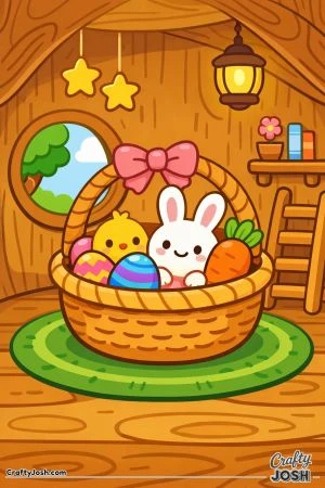 This black-and-white line art page shows a smiling bunny and chick sitting in an Easter basket filled with decorated eggs and a carrot inside a cozy ..