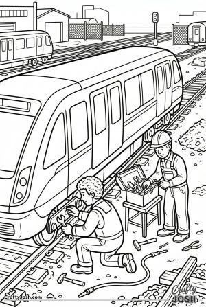 Mechanic repairing cartoon metro train