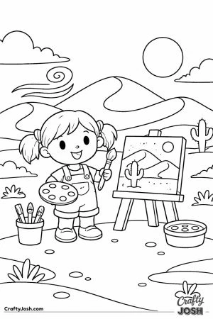 A cheerful young girl stands in a simple desert scene, painting a picture on an easel with sand dunes, a cactus, and a bright sun around her