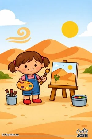 A cheerful young girl stands in a simple desert scene, painting a picture on an easel with sand dunes, a cactus, and a bright sun around her