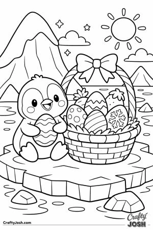 A cute penguin chick stands beside an Easter basket filled with decorated eggs on the snow, with an igloo and arctic sky in the background