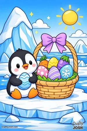 A cute penguin chick stands beside an Easter basket filled with decorated eggs on the snow, with an igloo and arctic sky in the background