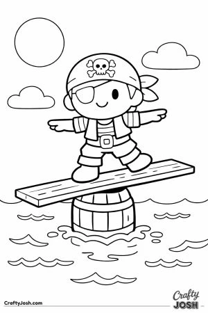 A pirate balances on a wooden plank resting on a barrel floating in the ocean