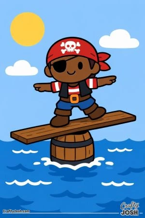 A pirate balances on a wooden plank resting on a barrel floating in the ocean
