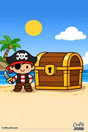 A smiling pirate stands on a sandy island beach beside a giant treasure chest that is much bigger than he is, with a palm tree, sun, and ocean in the ..