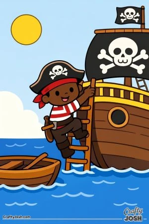 A smiling pirate climbs a ladder from a small boat up to a big pirate ship sailing on the ocean