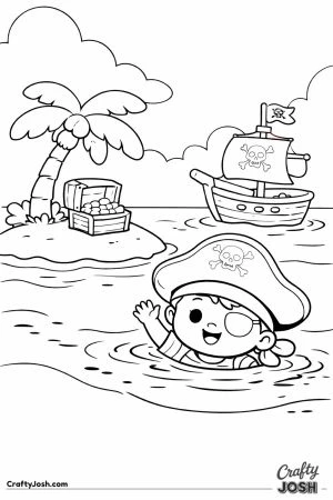 A smiling pirate boy swims in the ocean while waving near a tiny island with a palm tree, a treasure chest, and a pirate ship anchored nearby