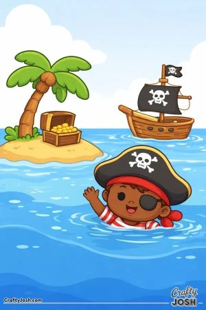 A smiling pirate boy swims in the ocean while waving near a tiny island with a palm tree, a treasure chest, and a pirate ship anchored nearby