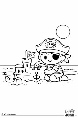 A smiling pirate kid kneels on the beach building a sandcastle shaped like a pirate ship while holding a small shovel beside a bucket
