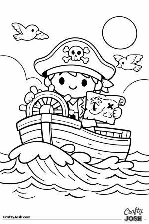 A happy pirate captain steers a wooden ship through big ocean waves while holding a treasure map as seagulls fly overhead