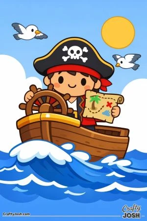 A happy pirate captain steers a wooden ship through big ocean waves while holding a treasure map as seagulls fly overhead