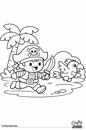 A happy pirate runs through a simple jungle while chasing a playful parrot flying just ahead of him near a palm tree