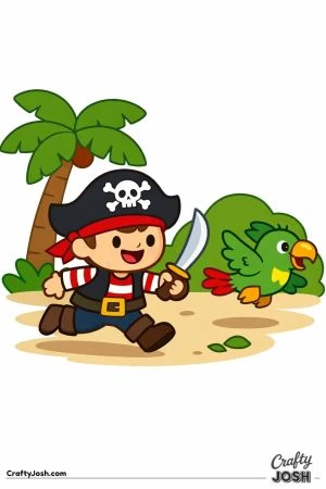A happy pirate runs through a simple jungle while chasing a playful parrot flying just ahead of him near a palm tree