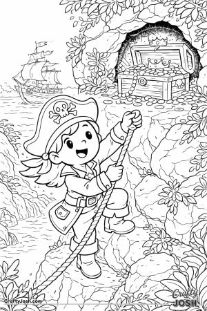 A smiling pirate climbs a rocky cliff using a rope as she reaches a hidden cave filled with a treasure chest overflowing with coins, pearls, and a ..