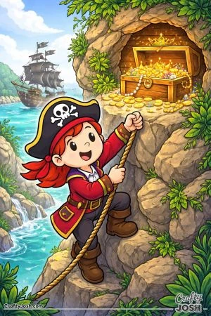 A smiling pirate climbs a rocky cliff using a rope as she reaches a hidden cave filled with a treasure chest overflowing with coins, pearls, and a ..