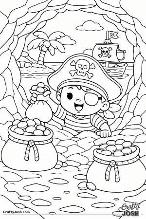 A pirate climbs out of a treasure cave while holding a bag of gold, with more treasure bags nearby and a pirate ship and small island visible outside ..