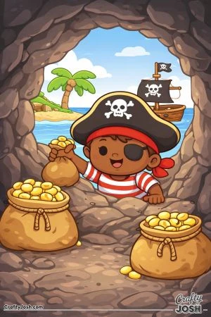 A pirate climbs out of a treasure cave while holding a bag of gold, with more treasure bags nearby and a pirate ship and small island visible outside ..