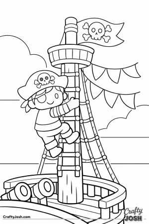 A cheerful pirate boy climbs the tall mast of a pirate ship while big flags wave in the wind above the deck.