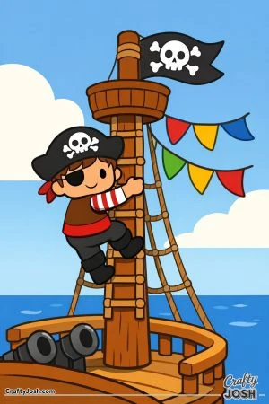 A cheerful pirate boy climbs the tall mast of a pirate ship while big flags wave in the wind above the deck.