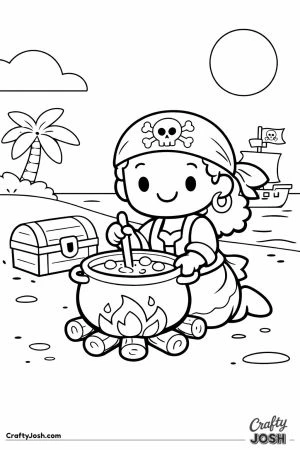 A smiling pirate kneels on the beach stirring a big pot of soup over a campfire while a treasure chest, palm tree, and pirate ship appear nearby