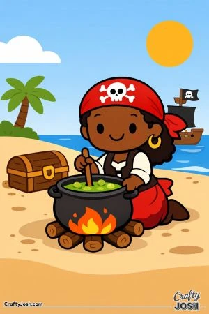 A smiling pirate kneels on the beach stirring a big pot of soup over a campfire while a treasure chest, palm tree, and pirate ship appear nearby