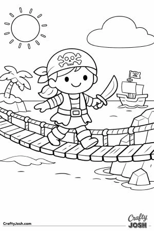 A smiling pirate girl carefully walks across a rope bridge high above the ocean while holding a small pirate sword, with a pirate ship and tropical ..