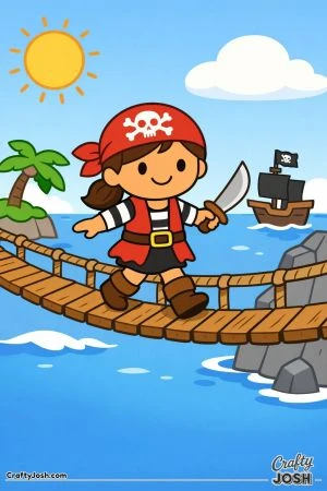 A smiling pirate girl carefully walks across a rope bridge high above the ocean while holding a small pirate sword, with a pirate ship and tropical ..
