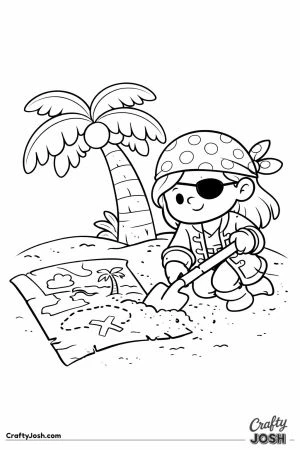A pirate kneels in the sand using a shovel to dig where an “X” marks the spot on her treasure map while a palm tree stands behind her