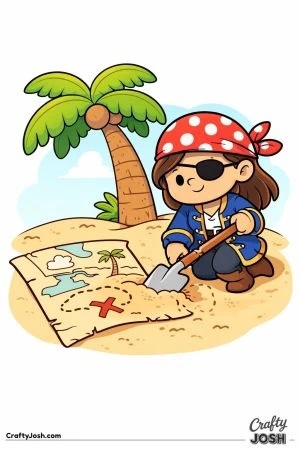 A pirate kneels in the sand using a shovel to dig where an “X” marks the spot on her treasure map while a palm tree stands behind her