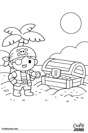 A happy pirate boy stands on a sandy beach discovering a giant treasure chest full of coins on a sunny island with a palm tree nearby