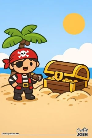 A happy pirate boy stands on a sandy beach discovering a giant treasure chest full of coins on a sunny island with a palm tree nearby