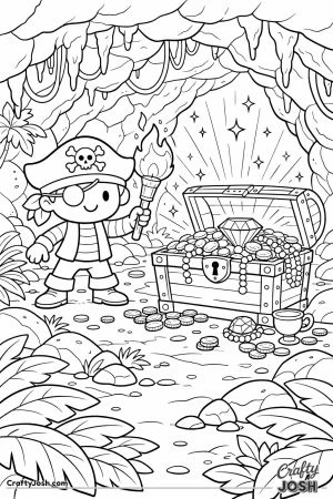 A smiling pirate holding a torch stands inside a cave as he discovers a treasure chest filled with coins, jewels, and a large diamond
