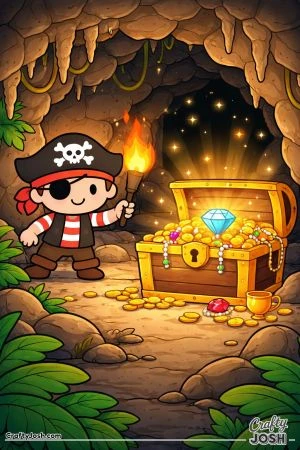 A smiling pirate holding a torch stands inside a cave as he discovers a treasure chest filled with coins, jewels, and a large diamond