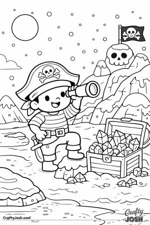 A pirate stands on a snowy island looking through a spyglass beside a treasure chest filled with icy crystals, with snowy mountains and a ..