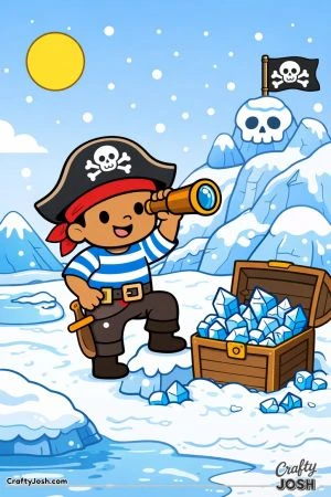 A pirate stands on a snowy island looking through a spyglass beside a treasure chest filled with icy crystals, with snowy mountains and a ..
