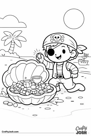 A pirate kneels on the beach holding a coin while discovering treasure hidden inside a giant open clam shell filled with coins and jewels