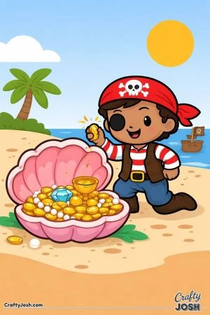 A pirate kneels on the beach holding a coin while discovering treasure hidden inside a giant open clam shell filled with coins and jewels