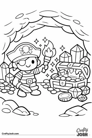 A cheerful pirate boy stands inside a treasure cave holding a torch and sword while an open chest filled with coins, gems, and a crown sits beside him