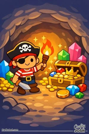 A cheerful pirate boy stands inside a treasure cave holding a torch and sword while an open chest filled with coins, gems, and a crown sits beside him