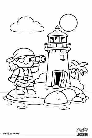 A friendly woman pirate stands on a small island looking through a spyglass while exploring an old lighthouse beside the ocean