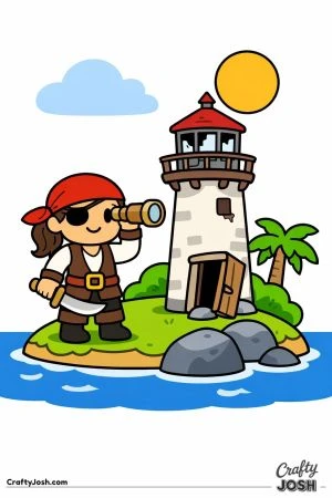 A friendly woman pirate stands on a small island looking through a spyglass while exploring an old lighthouse beside the ocean
