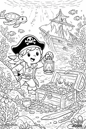 A cheerful pirate explores an underwater shipwreck while holding a lantern and discovering a treasure chest filled with coins, jewels, and a crown
