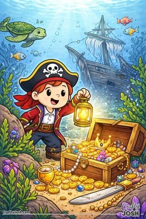 A cheerful pirate explores an underwater shipwreck while holding a lantern and discovering a treasure chest filled with coins, jewels, and a crown